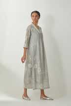 Bluish Grey silk Chanderi easy fit dress with all-over off white silk thread embroidery, highlighted with beads and sequins work.