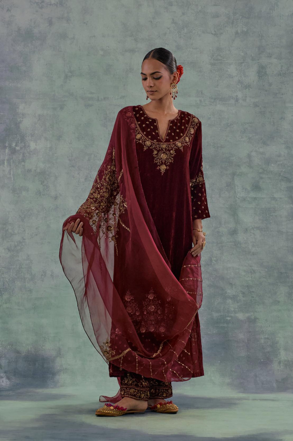 Deep maroon Silk organza dupatta with delicate bead, sequin and zari work.