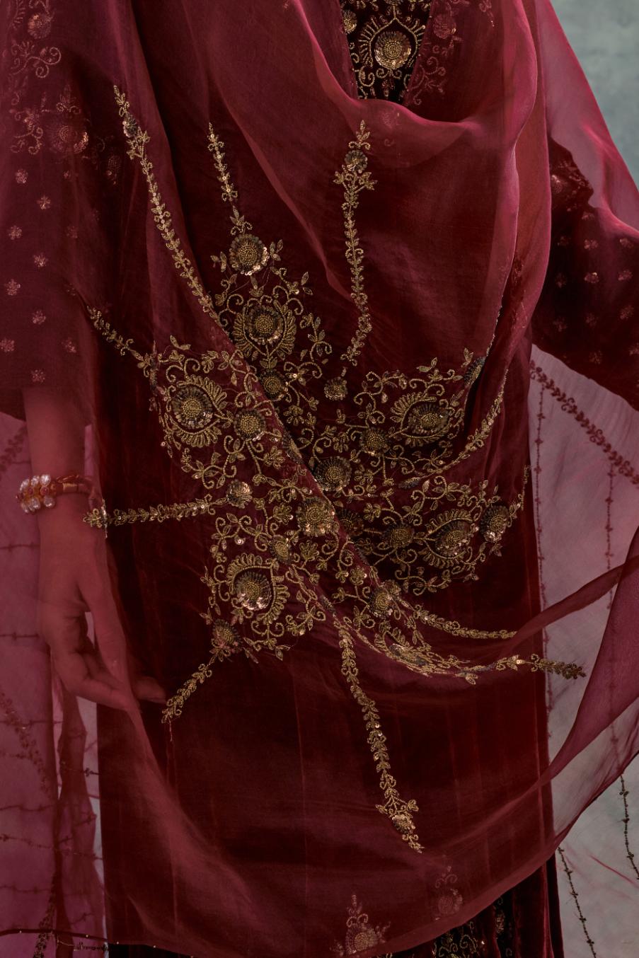 Deep maroon Silk organza dupatta with delicate bead, sequin and zari work.