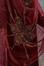 Deep maroon Silk organza dupatta with delicate bead, sequin and zari work.