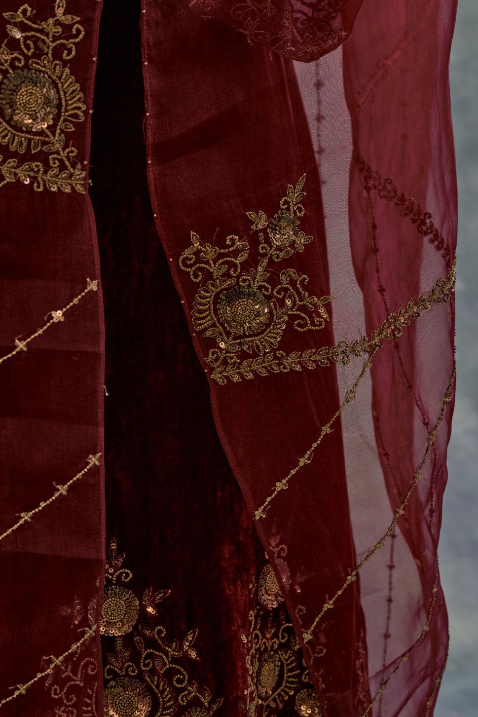 Deep maroon Silk organza dupatta with delicate bead, sequin and zari work.