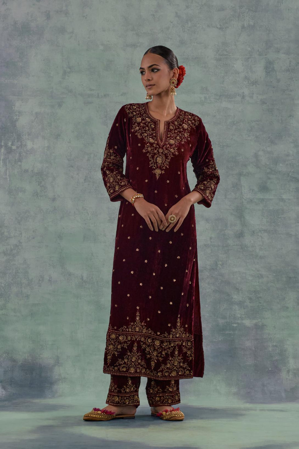 Deep maroonstraight Silk Velvet kurta set with all-over hand-embroidered bead, sequins and zari work.