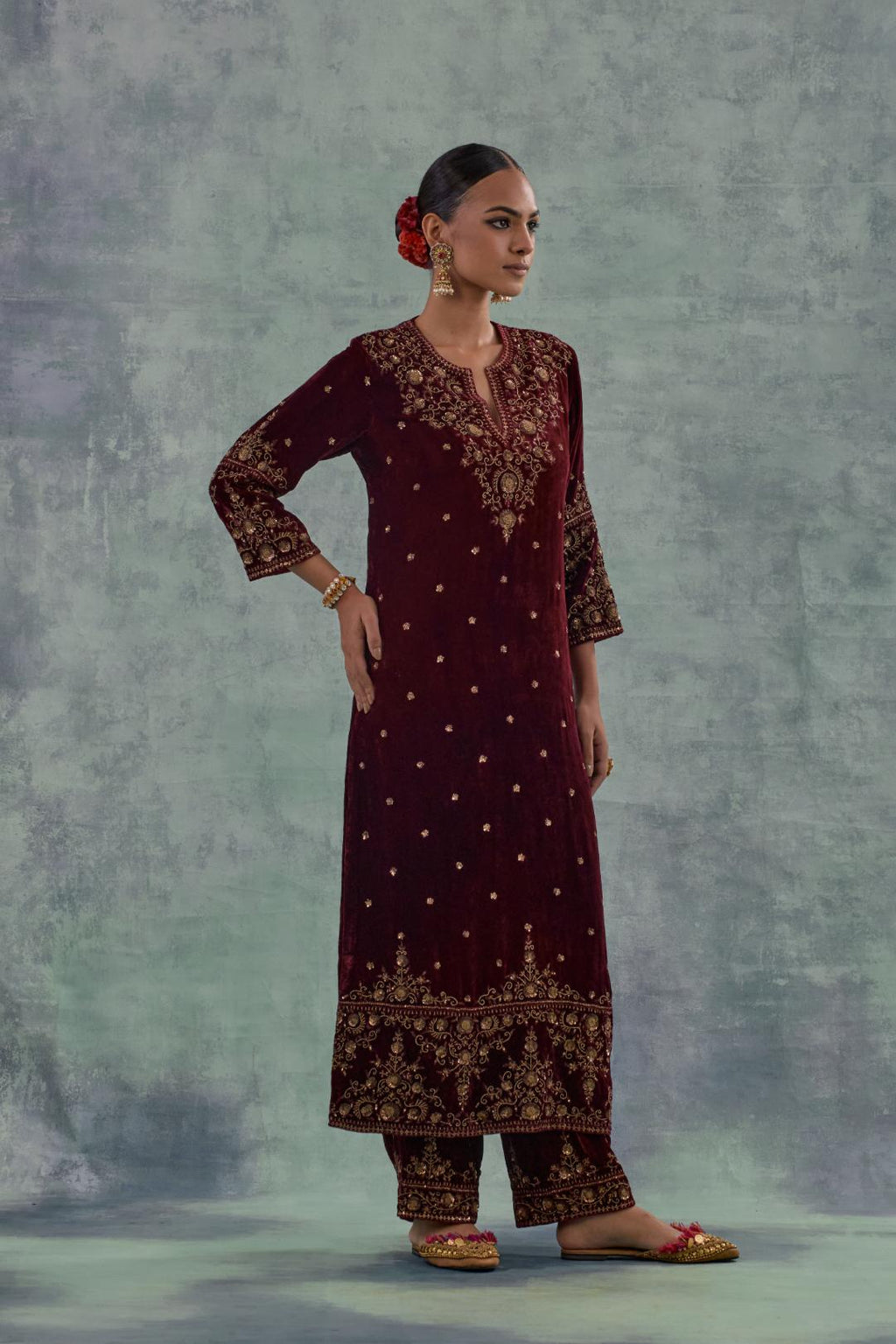 Deep maroonstraight Silk Velvet kurta set with all-over hand-embroidered bead, sequins and zari work.