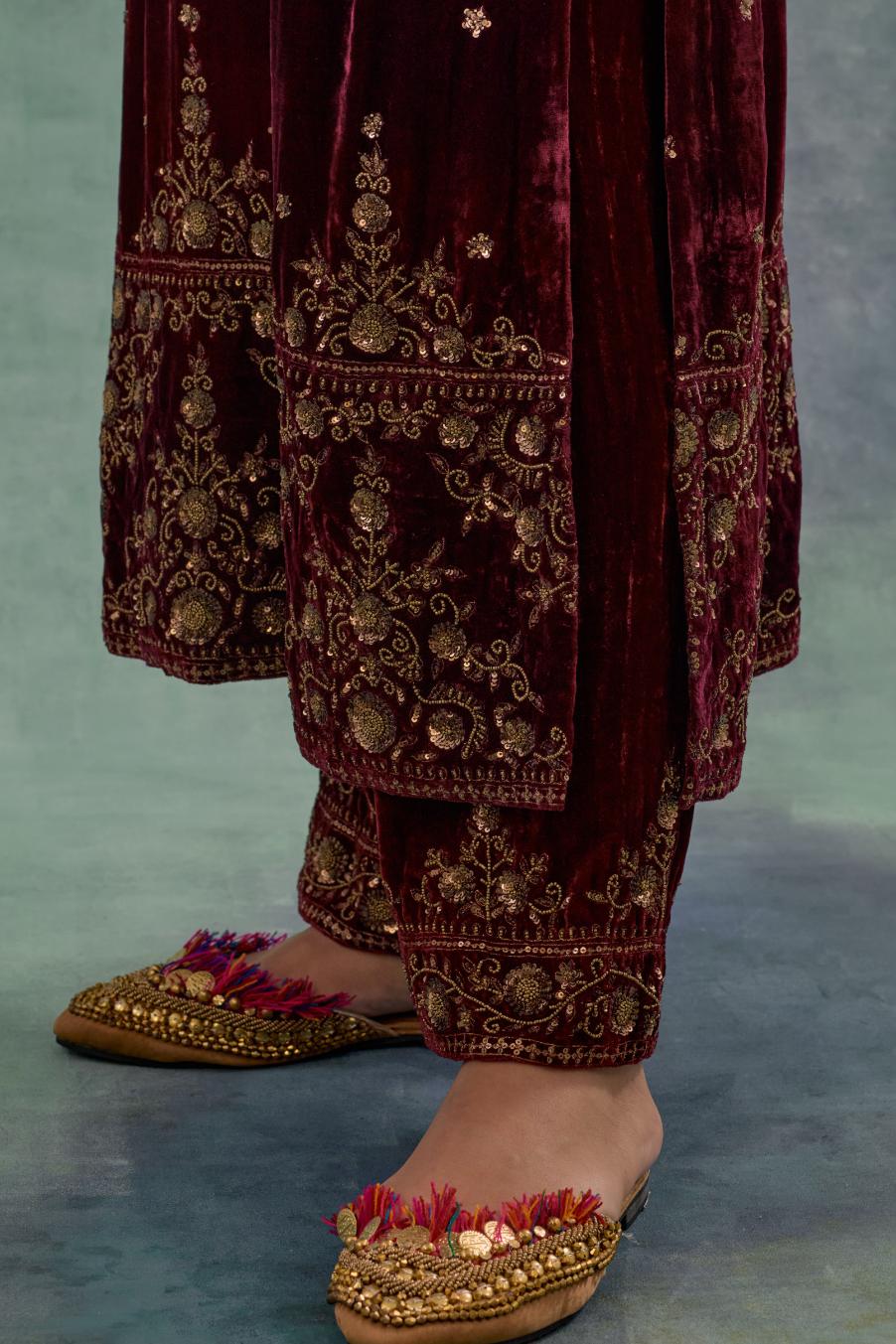 Deep maroonstraight Silk Velvet kurta set with all-over hand-embroidered bead, sequins and zari work.