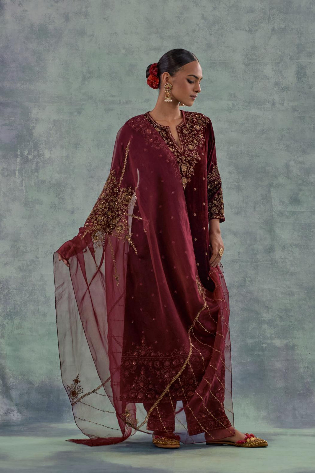 Deep maroon Silk organza dupatta with delicate bead, sequin and zari work.