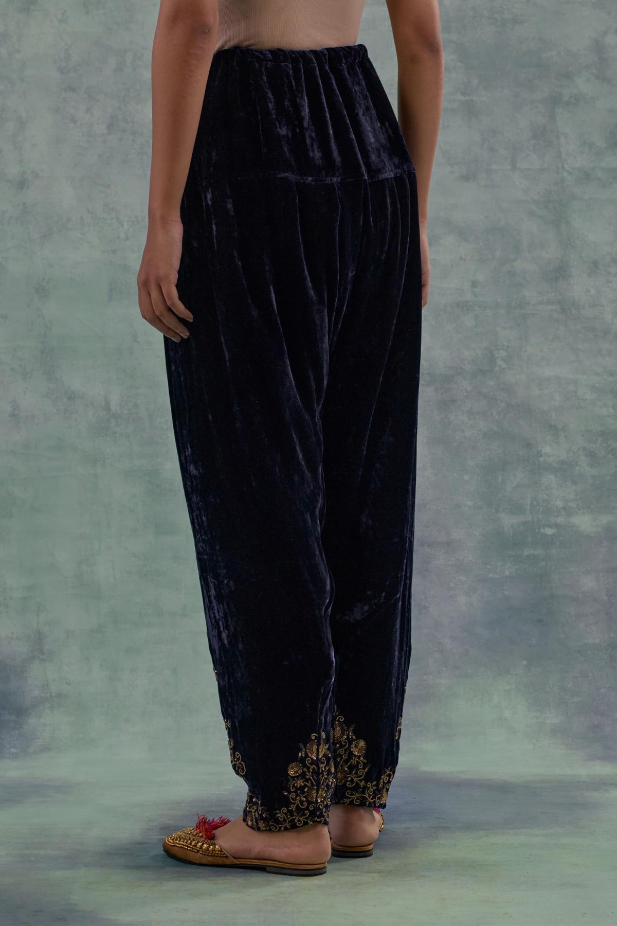 Navy Silk velvet salwar, highlighted with hand embroidered bead, sequins and zari motifs.