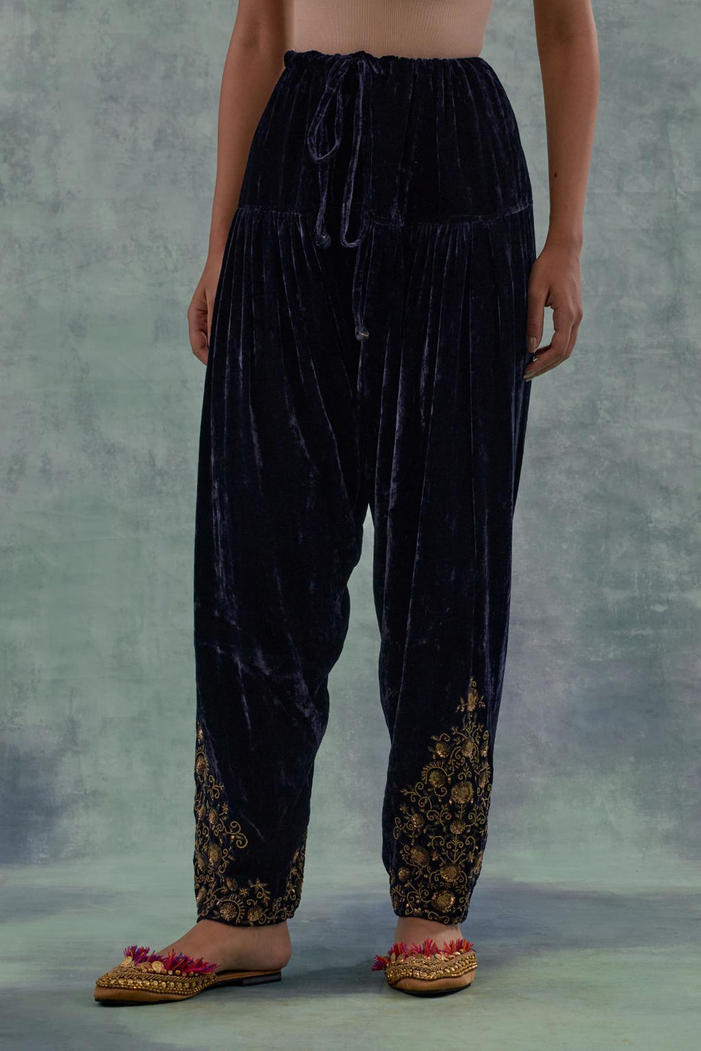 Navy Silk velvet salwar, highlighted with hand embroidered bead, sequins and zari motifs.