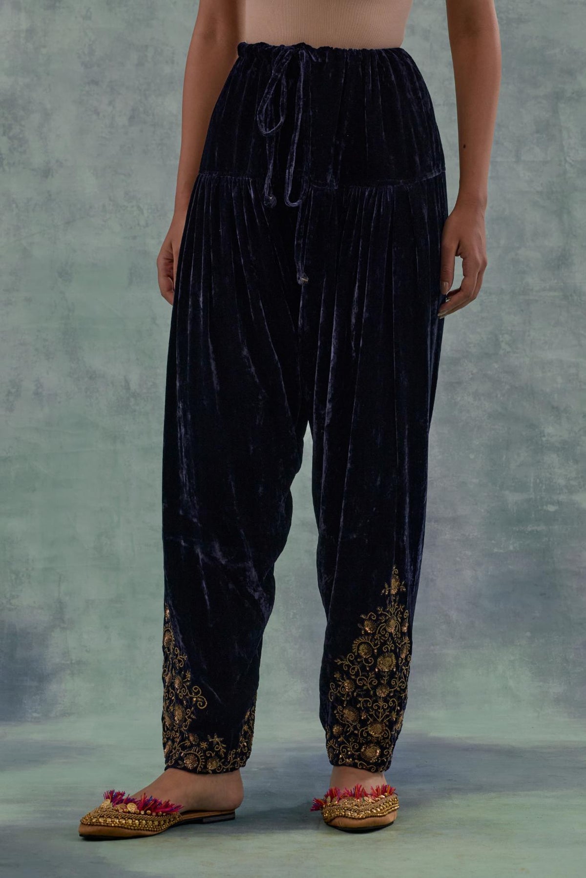 Navy Silk velvet salwar, highlighted with hand embroidered bead, sequins and zari motifs.