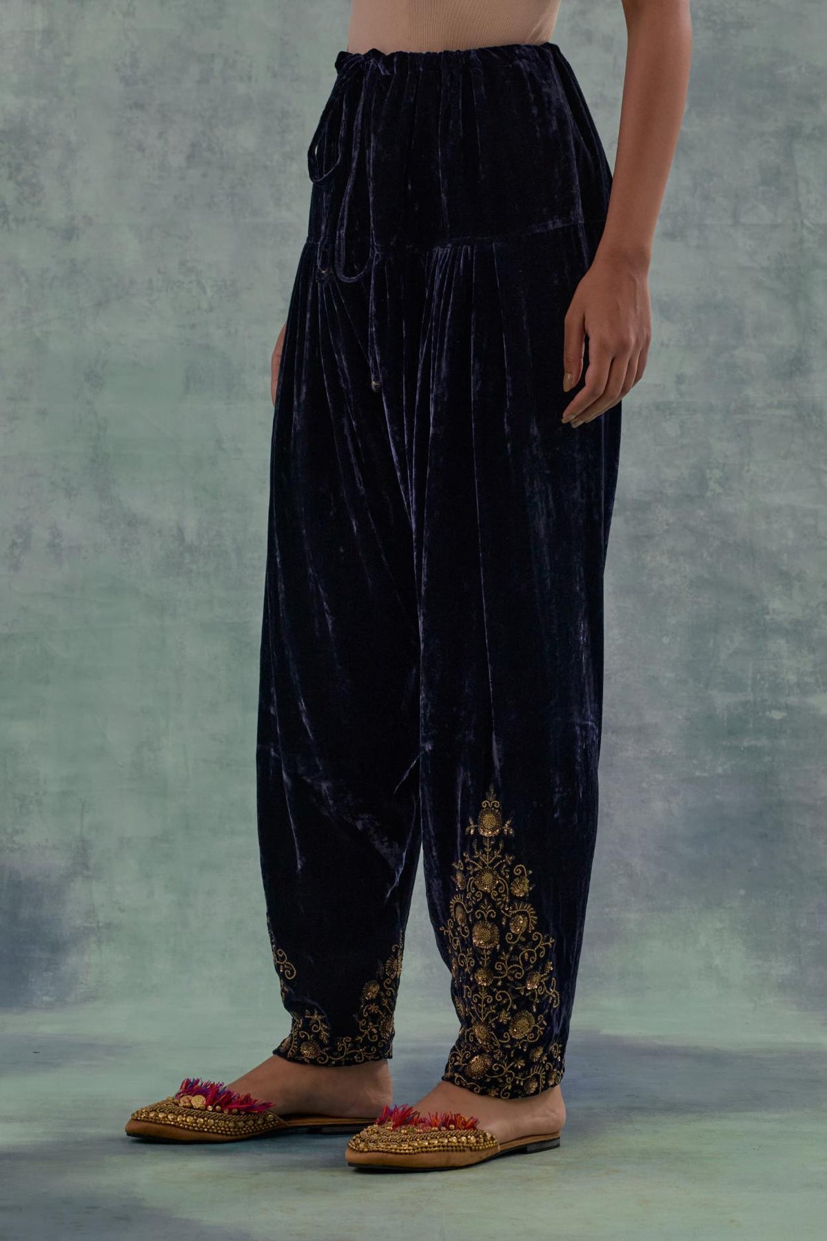 Navy Silk velvet salwar, highlighted with hand embroidered bead, sequins and zari motifs.
