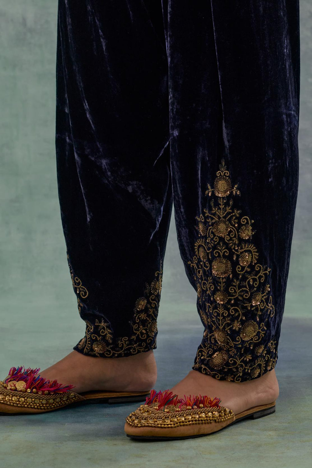 Navy Silk velvet salwar, highlighted with hand embroidered bead, sequins and zari motifs.