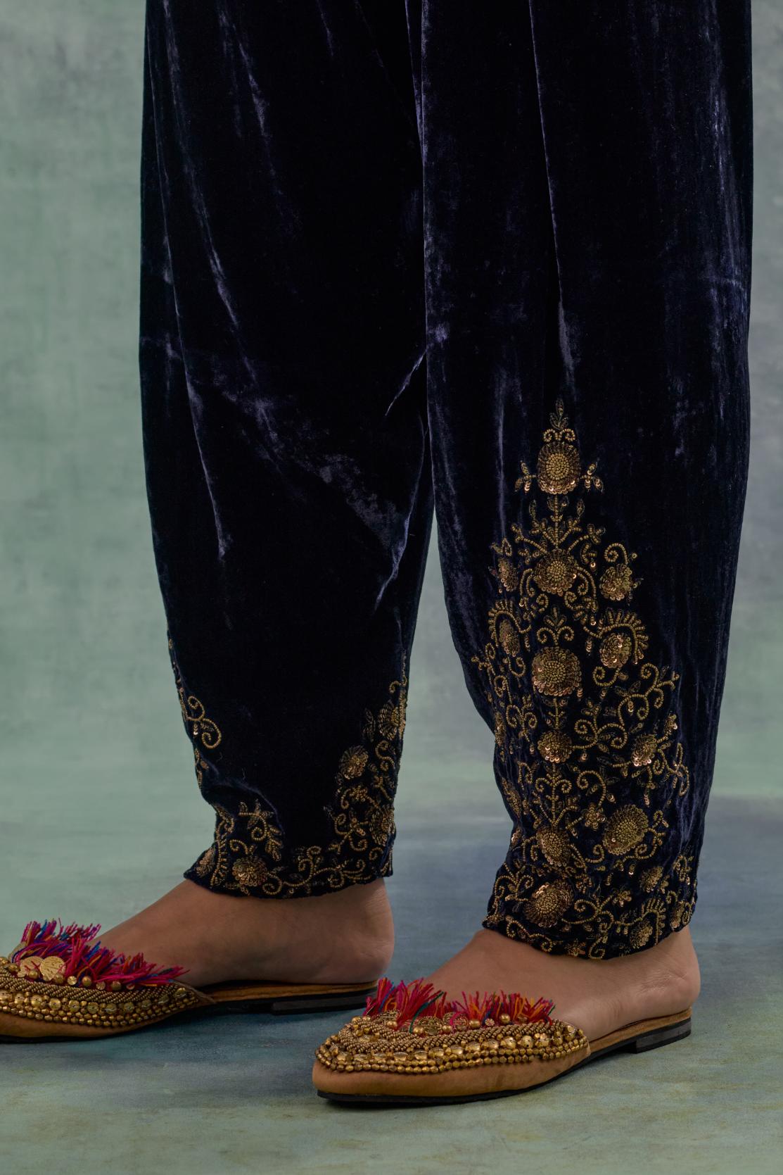 Navy Silk velvet salwar, highlighted with hand embroidered bead, sequins and zari motifs.