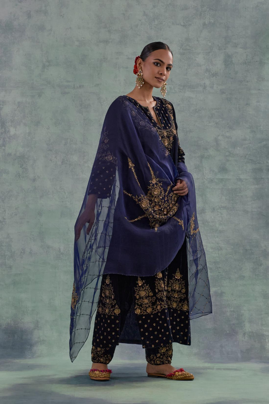 Navy Silk organza dupatta with delicate bead, sequin and zari work.