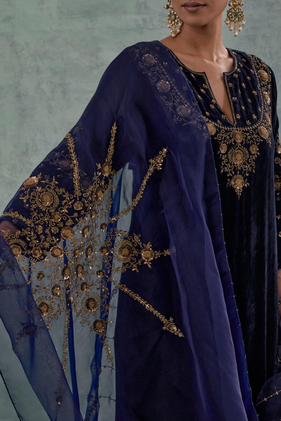 Navy Silk organza dupatta with delicate bead, sequin and zari work.