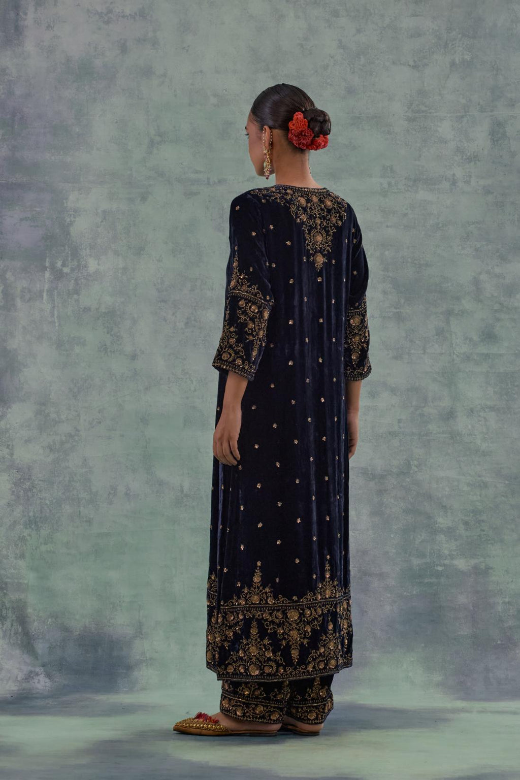 Navy straight Silk Velvet kurta set with all-over hand-embroidered bead, sequins and zari work.