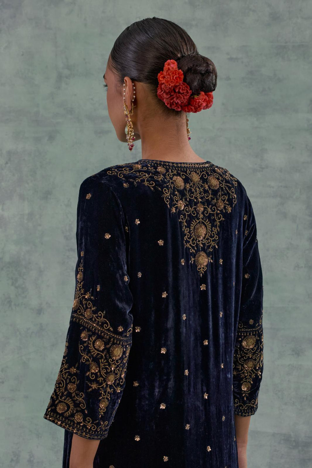 Navy straight Silk Velvet kurta set with all-over hand-embroidered bead, sequins and zari work.