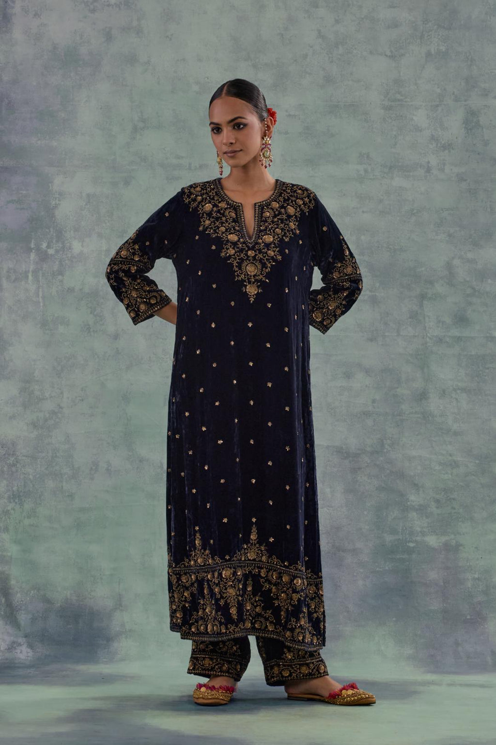 Navy straight Silk Velvet kurta set with all-over hand-embroidered bead, sequins and zari work.