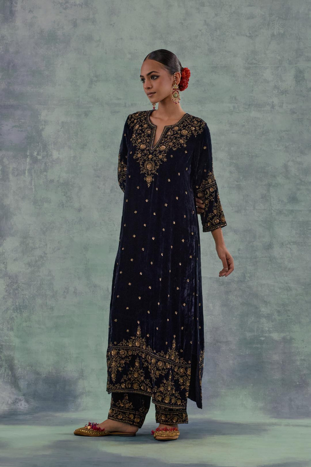 Navy straight Silk Velvet kurta set with all-over hand-embroidered bead, sequins and zari work.