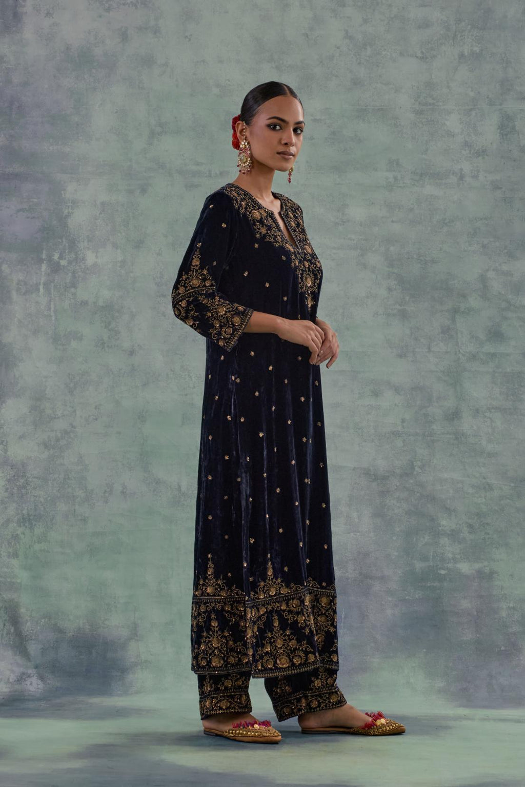 Navy straight Silk Velvet kurta set with all-over hand-embroidered bead, sequins and zari work.