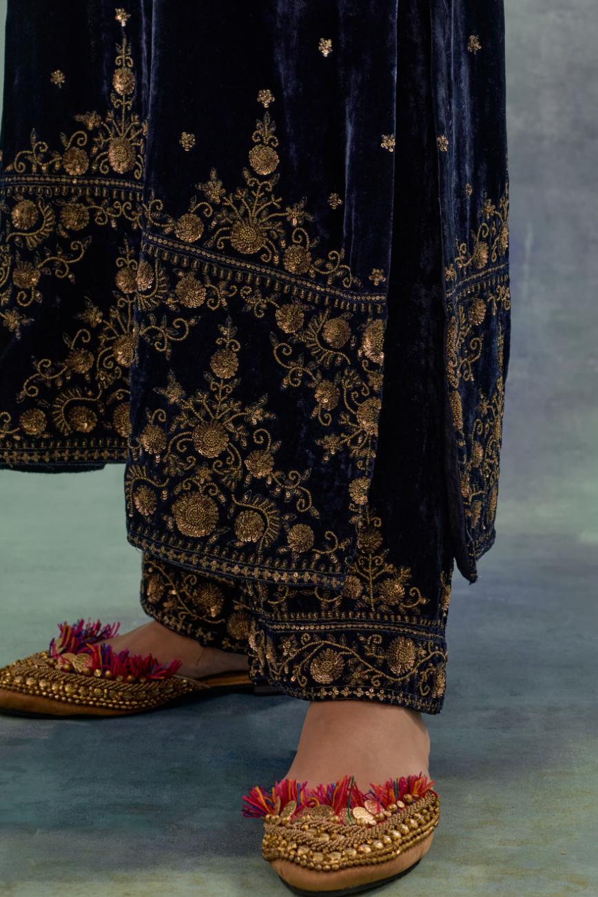 Navy straight Silk Velvet kurta set with all-over hand-embroidered bead, sequins and zari work.