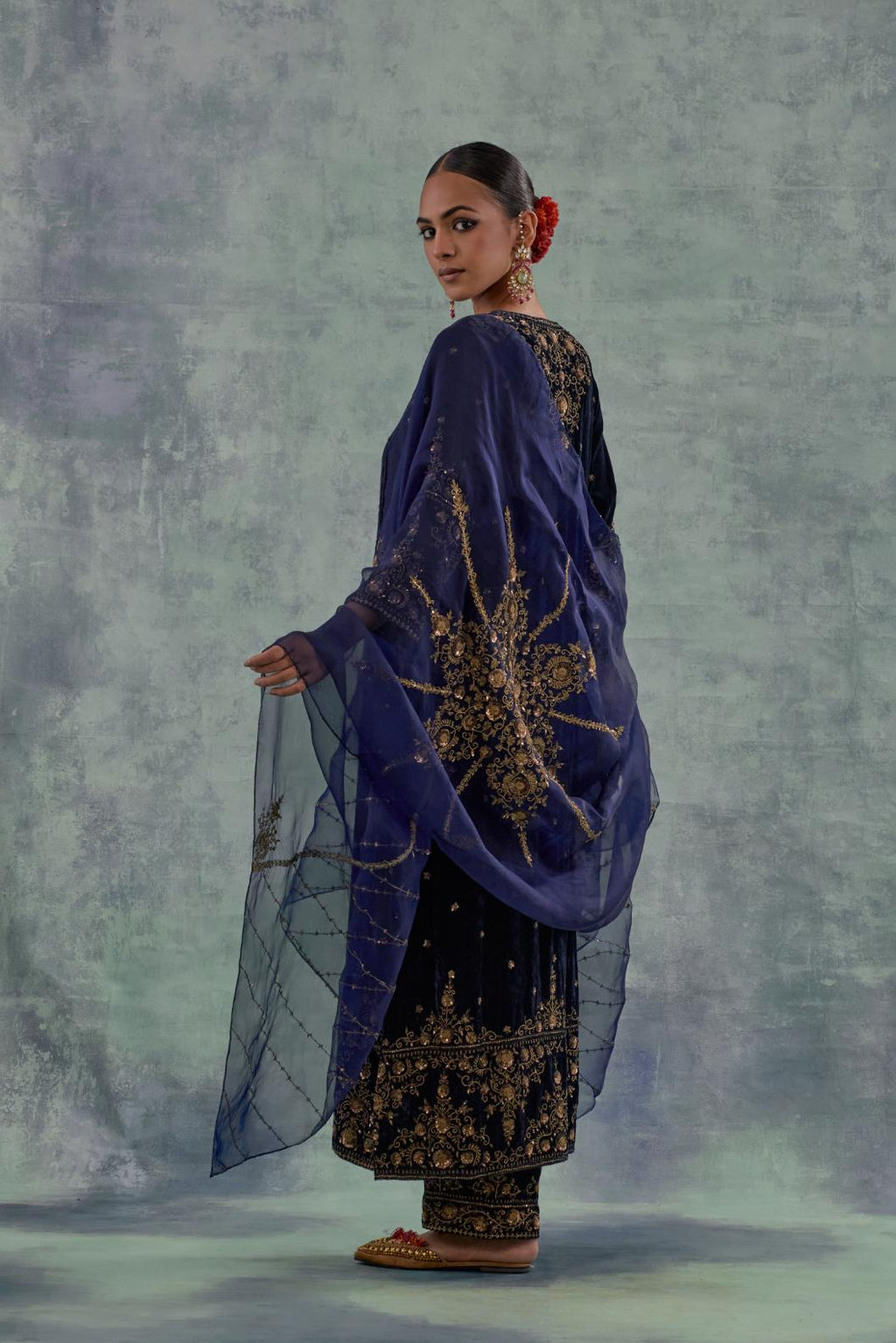 Navy Silk organza dupatta with delicate bead, sequin and zari work.