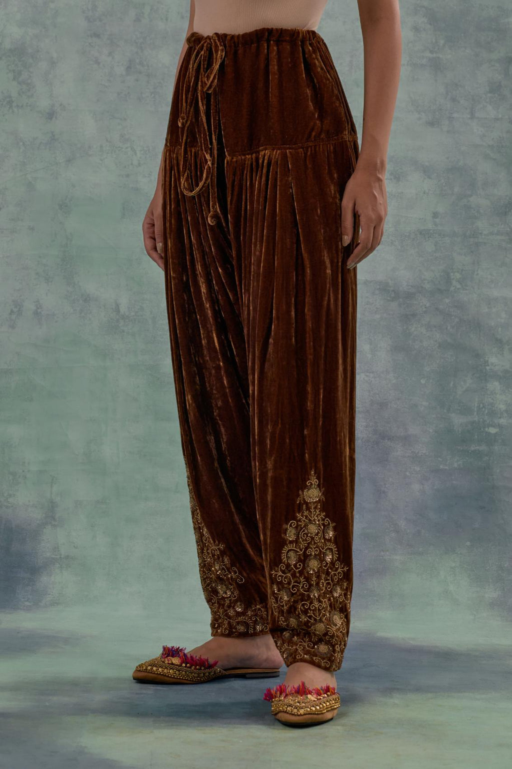 Russet Silk velvet salwar, highlighted with hand embroidered bead, sequins and zari motifs.