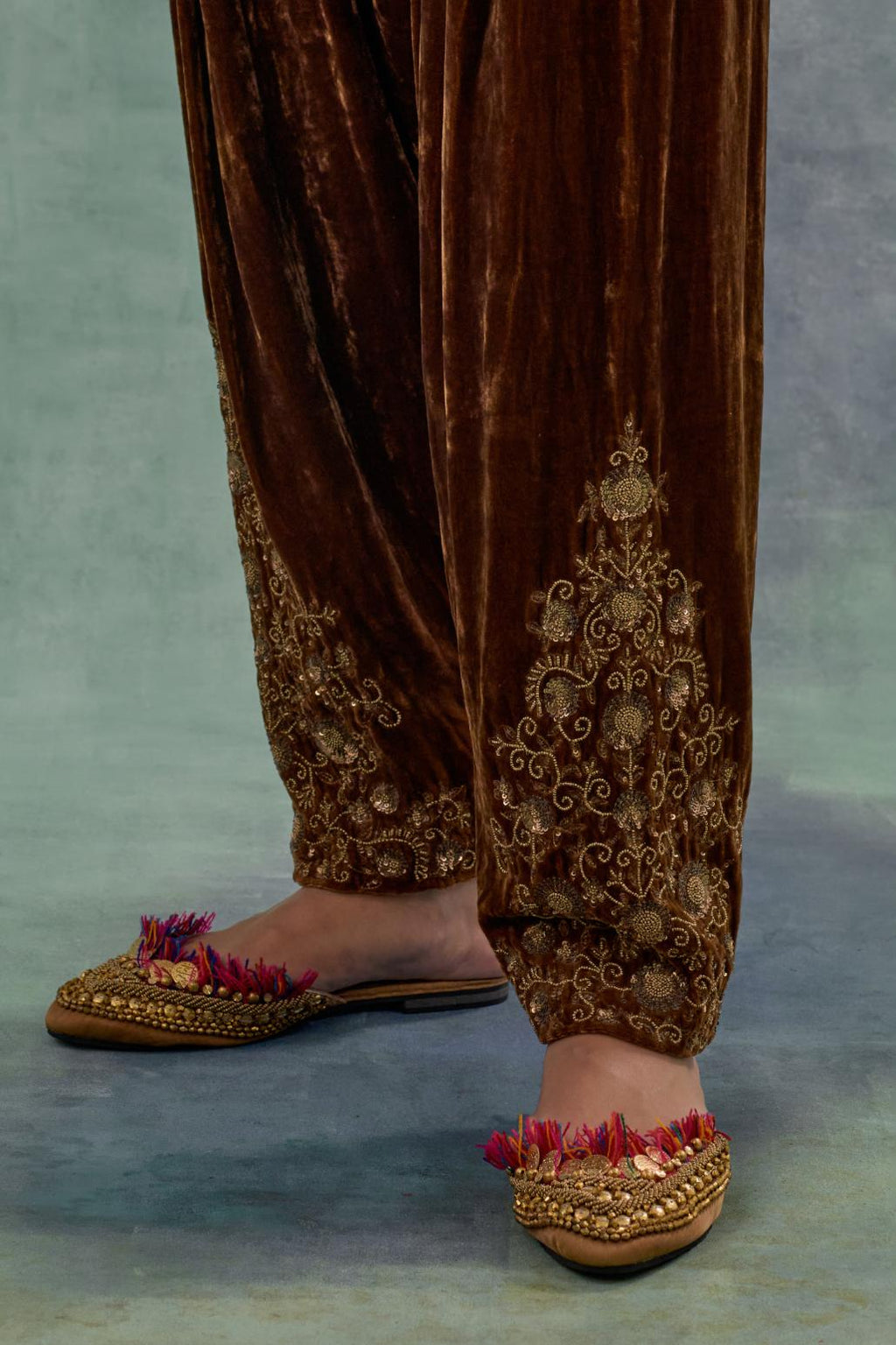 Russet Silk velvet salwar, highlighted with hand embroidered bead, sequins and zari motifs.