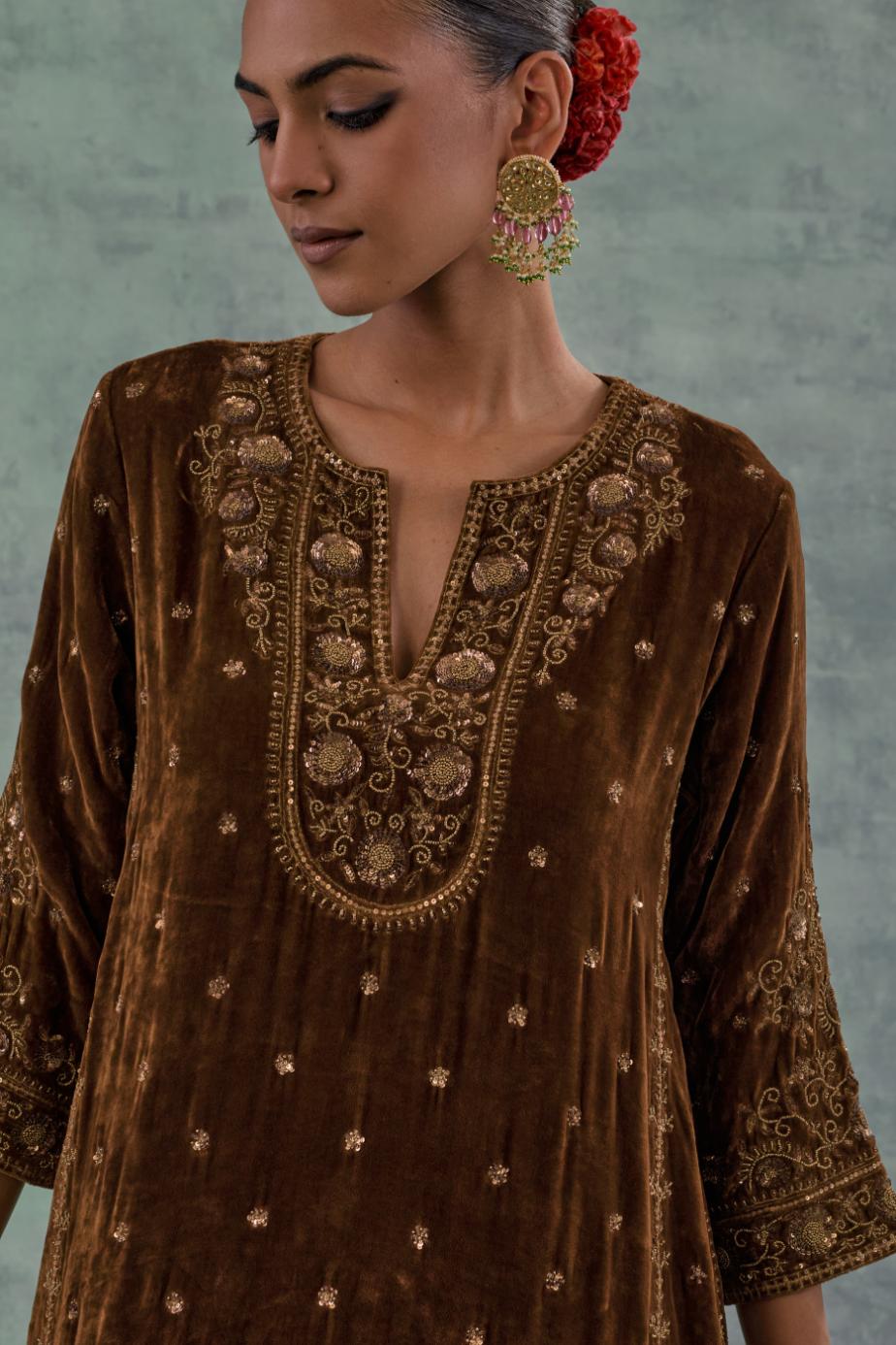 Russet easy fit A-line, paneled, short kurta set in silk velvet with all-over hand embroidery at the neck, sleeves and hem.