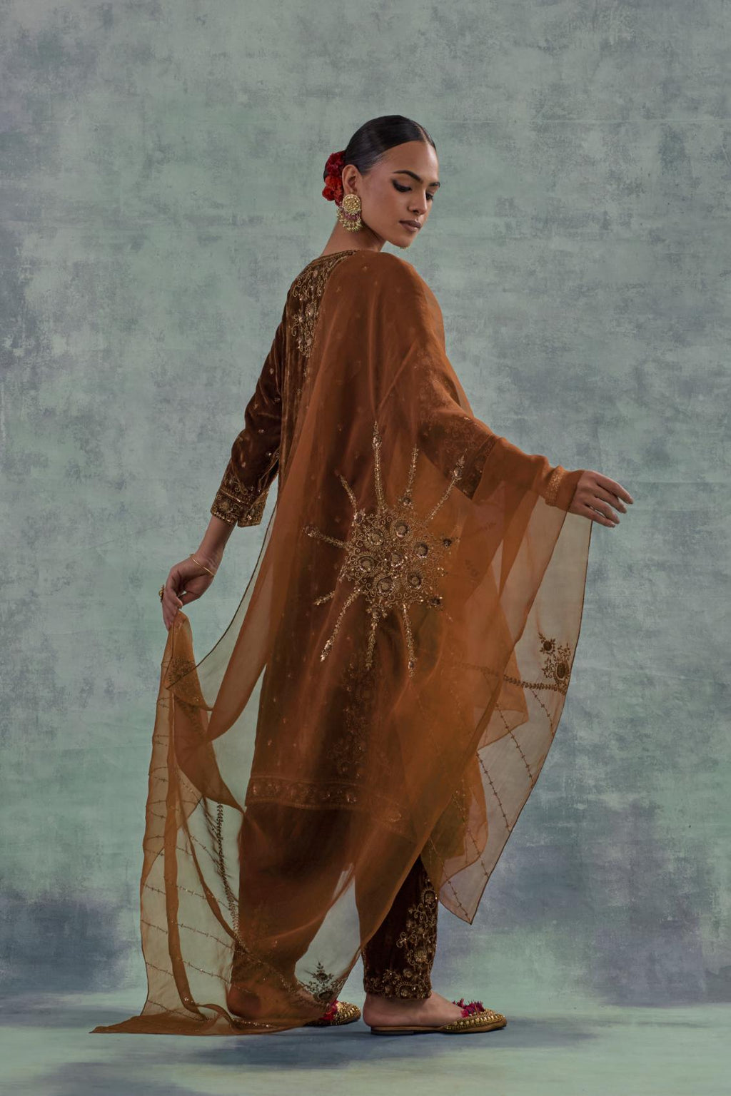 Russet Silk organza dupatta with delicate bead, sequin and zari work.