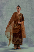 Russet straight Silk Velvet kurta set with all-over hand-embroidered bead, sequins and zari work.
