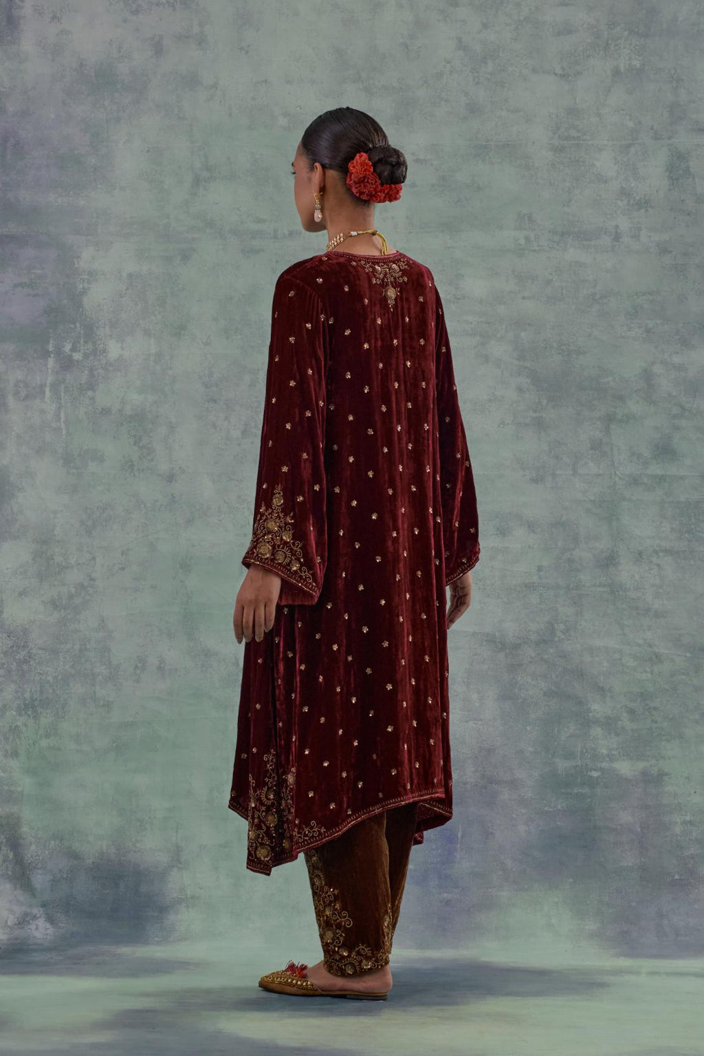 Deep maroon easy fit A-line short kurta set in silk velvet with all-over bead, sequins and zari hand embroidery.