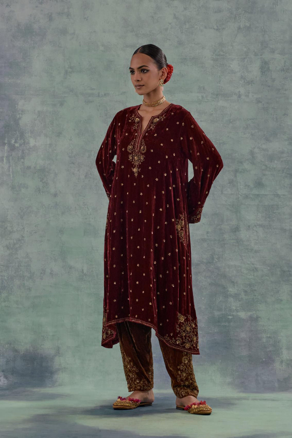 Deep maroon easy fit A-line short kurta set in silk velvet with all-over bead, sequins and zari hand embroidery.