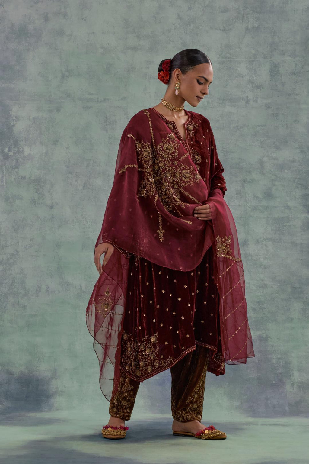 Deep maroon easy fit A-line short kurta set in silk velvet with all-over bead, sequins and zari hand embroidery.