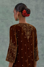 Russet straight Silk Velvet kurta set with all-over hand-embroidered bead, sequins and zari work.