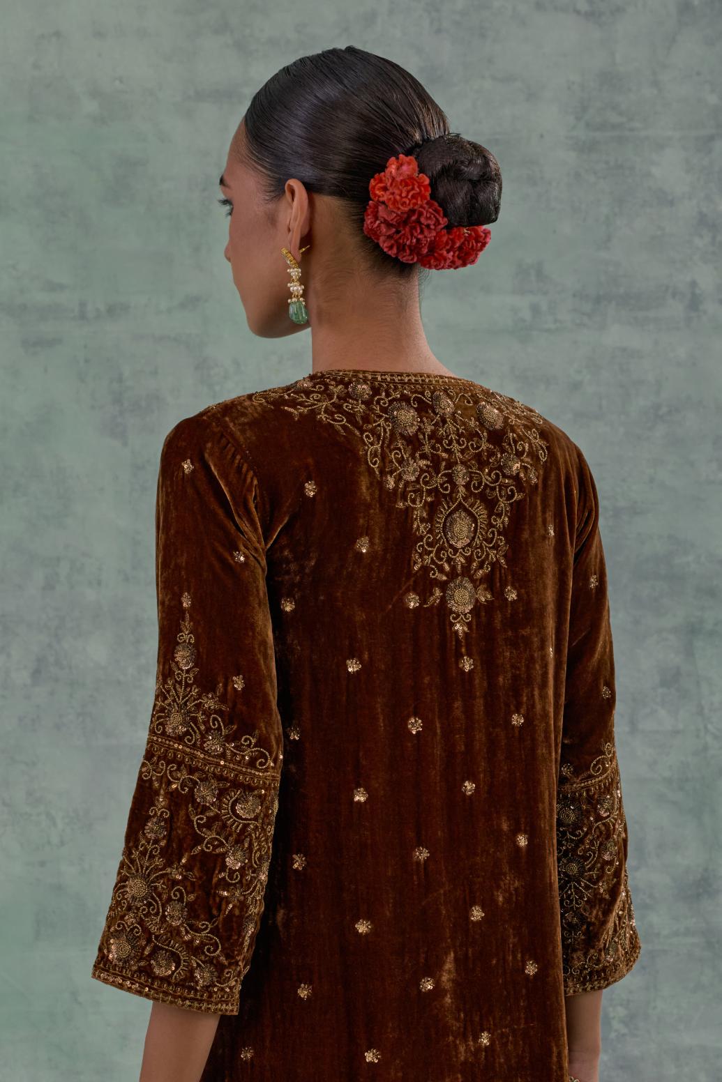 Russet straight Silk Velvet kurta set with all-over hand-embroidered bead, sequins and zari work.