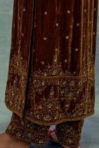 Russet straight Silk Velvet kurta set with all-over hand-embroidered bead, sequins and zari work.