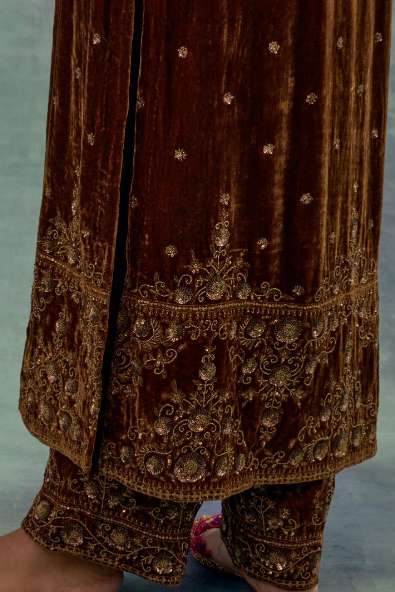Russet straight Silk Velvet kurta set with all-over hand-embroidered bead, sequins and zari work.