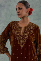 Russet straight Silk Velvet kurta set with all-over hand-embroidered bead, sequins and zari work.