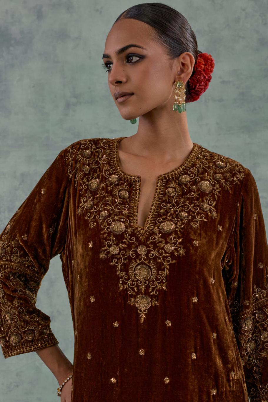 Russet straight Silk Velvet kurta set with all-over hand-embroidered bead, sequins and zari work.