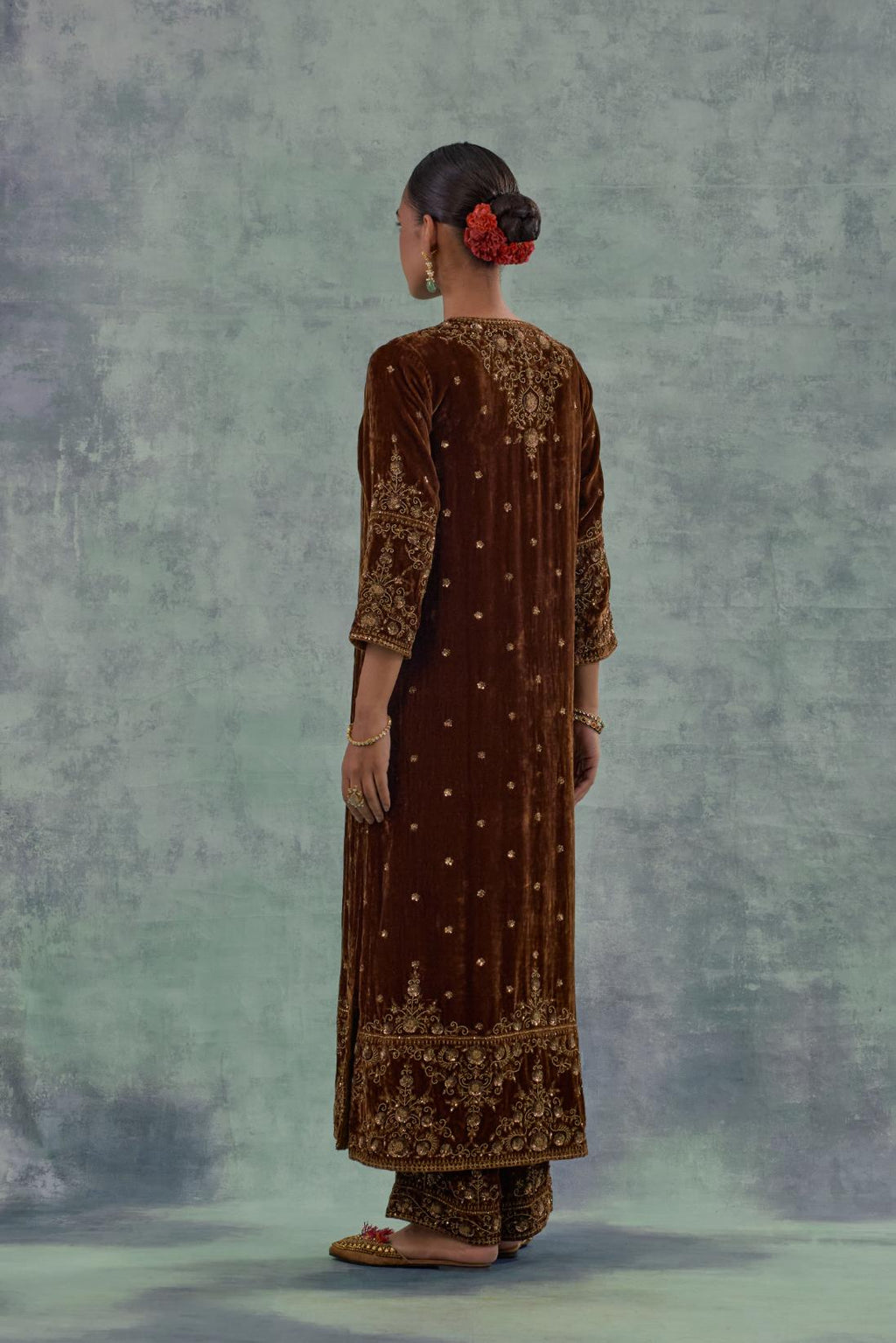 Russet straight Silk Velvet kurta set with all-over hand-embroidered bead, sequins and zari work.