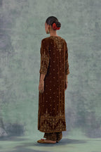 Russet straight Silk Velvet kurta set with all-over hand-embroidered bead, sequins and zari work.