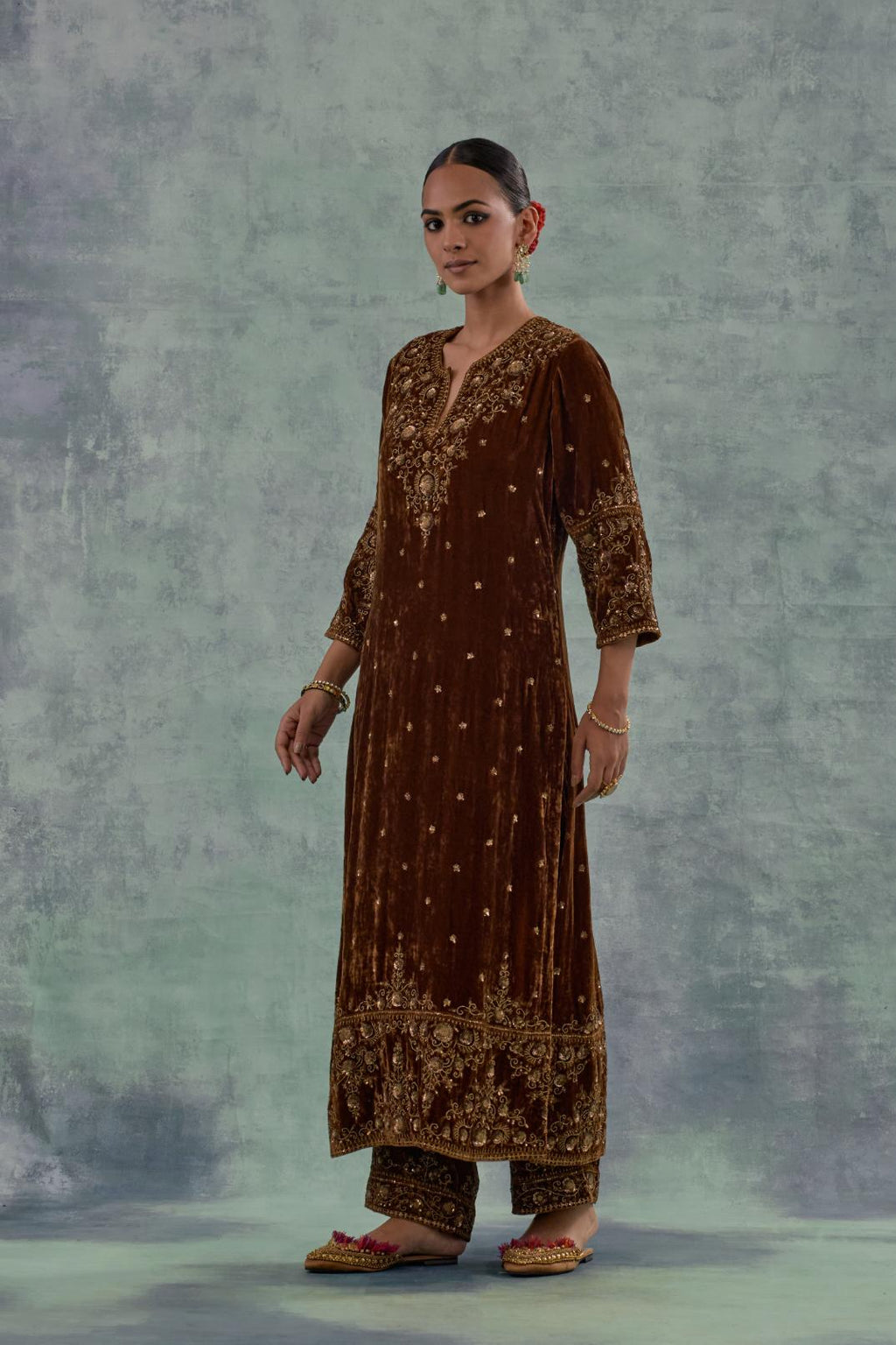 Russet straight Silk Velvet kurta set with all-over hand-embroidered bead, sequins and zari work.