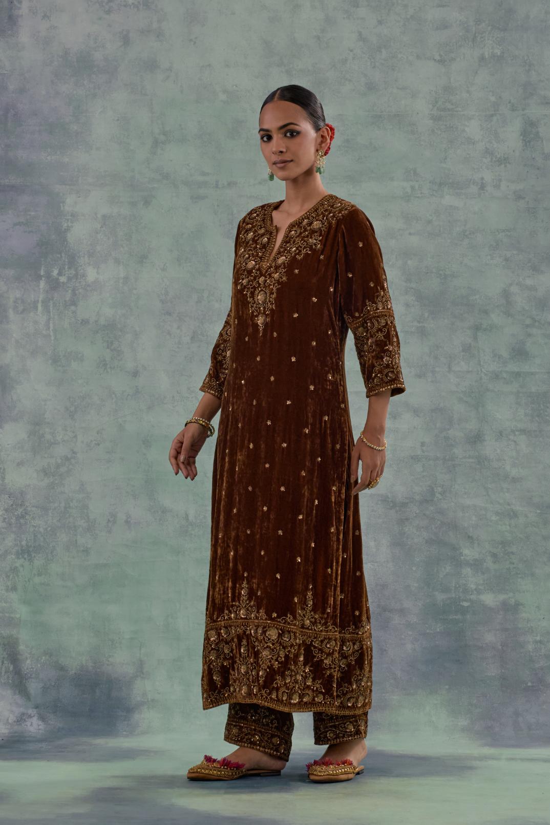 Russet straight Silk Velvet kurta set with all-over hand-embroidered bead, sequins and zari work.