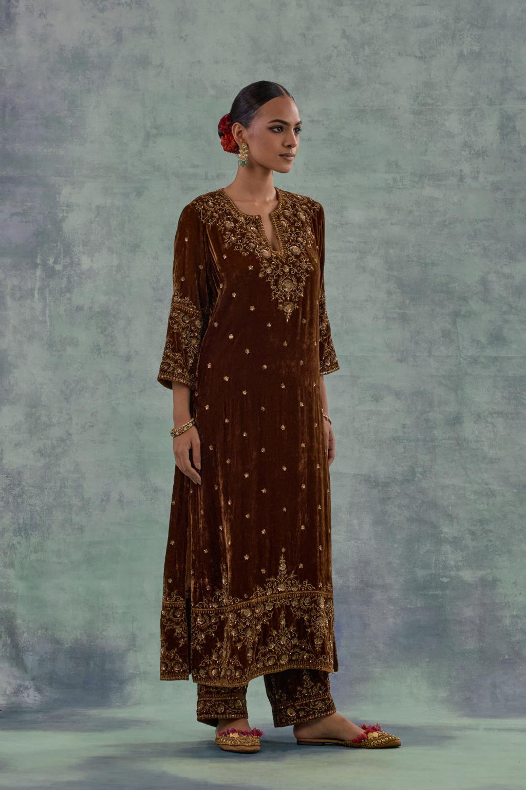 Russet straight Silk Velvet kurta set with all-over hand-embroidered bead, sequins and zari work.