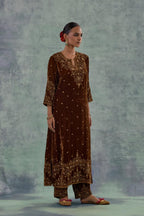Russet straight Silk Velvet kurta set with all-over hand-embroidered bead, sequins and zari work.