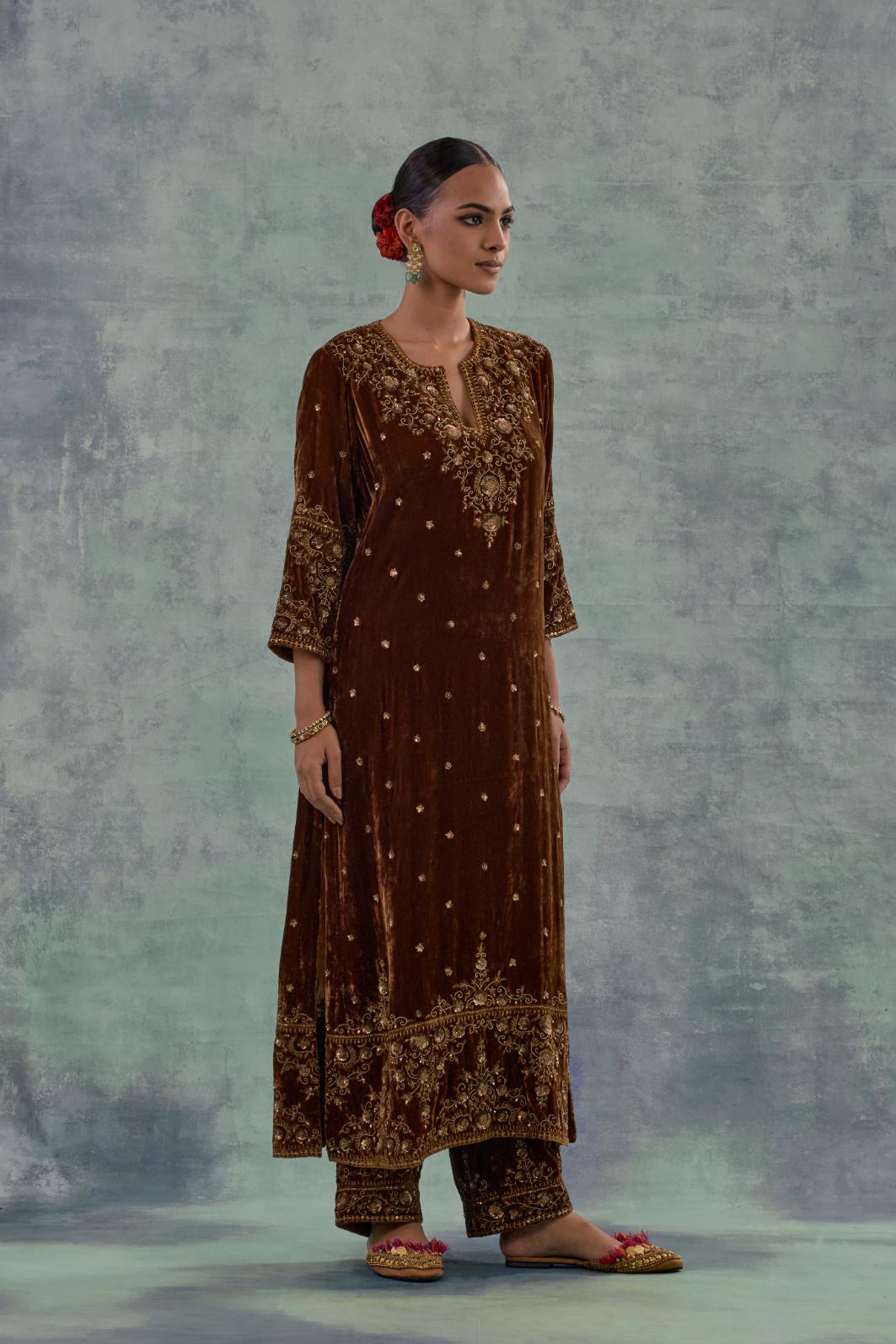 Russet straight Silk Velvet kurta set with all-over hand-embroidered bead, sequins and zari work.