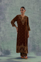 Russet straight Silk Velvet kurta set with all-over hand-embroidered bead, sequins and zari work.