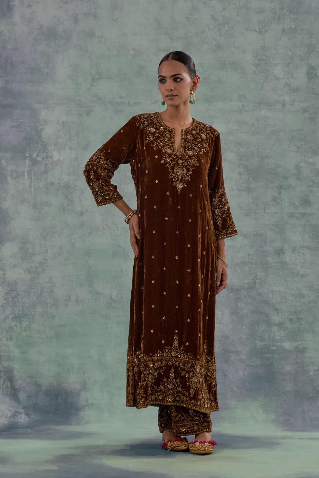 Russet straight Silk Velvet kurta set with all-over hand-embroidered bead, sequins and zari work.