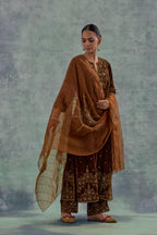 Russet straight Silk Velvet kurta set with all-over hand-embroidered bead, sequins and zari work.