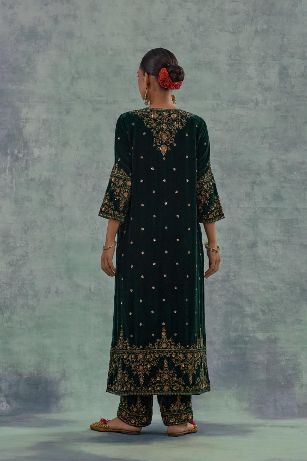 Emerald Green straight Silk Velvet kurta set with all-over hand-embroidered bead, sequins and zari work.