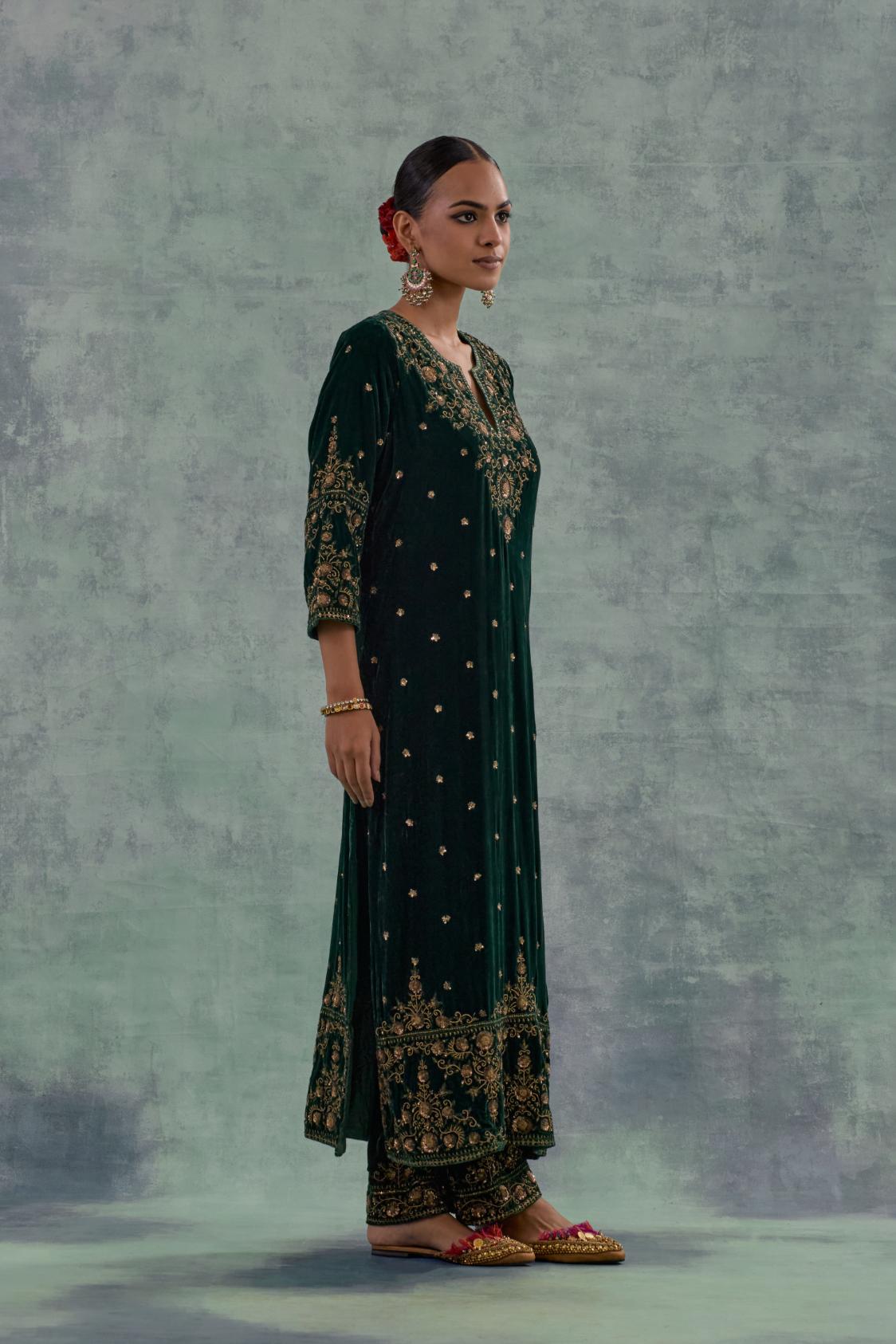 Emerald Green straight Silk Velvet kurta set with all-over hand-embroidered bead, sequins and zari work.